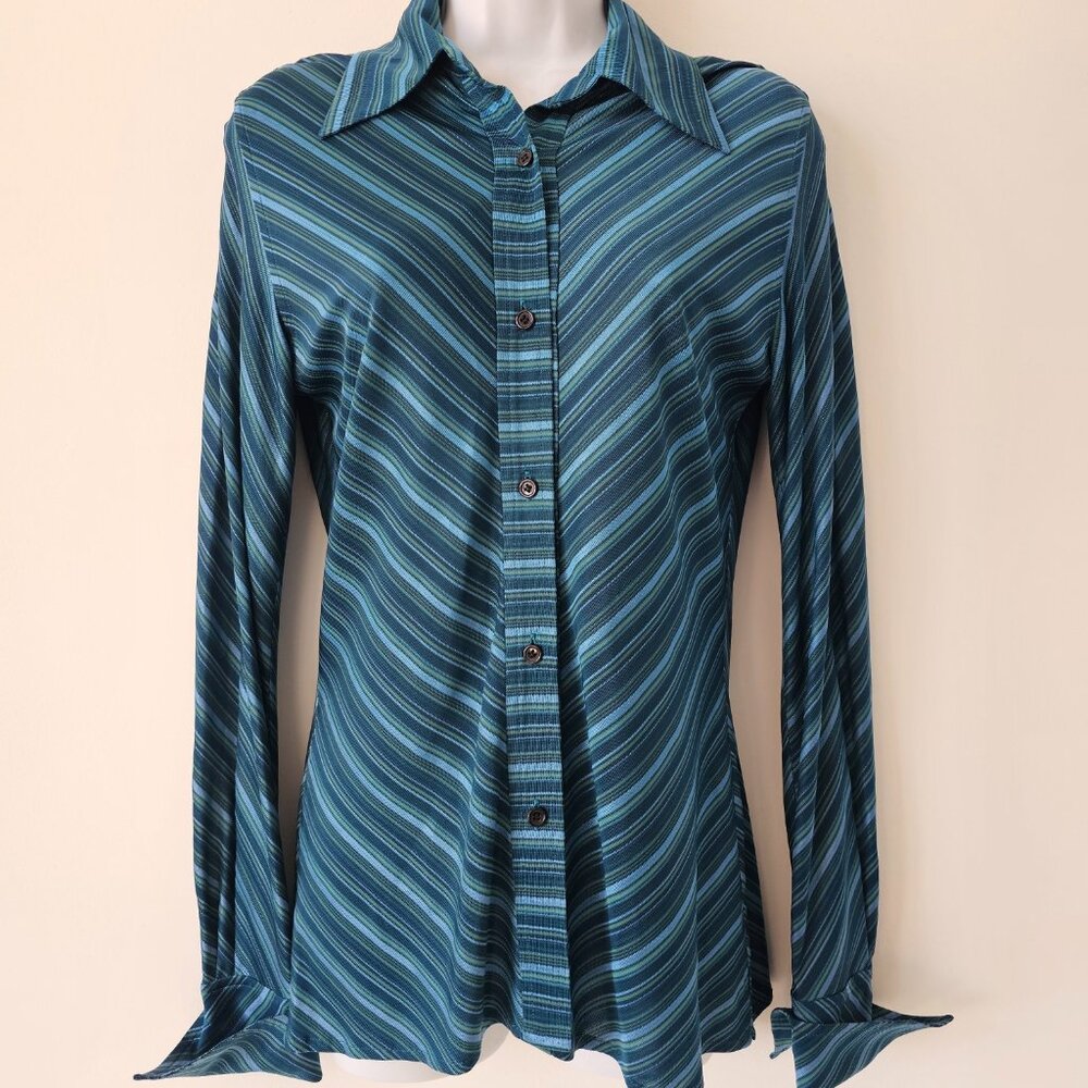 VIRUS Blue Green Teal Stripe Button Front Blouse Top Medium M